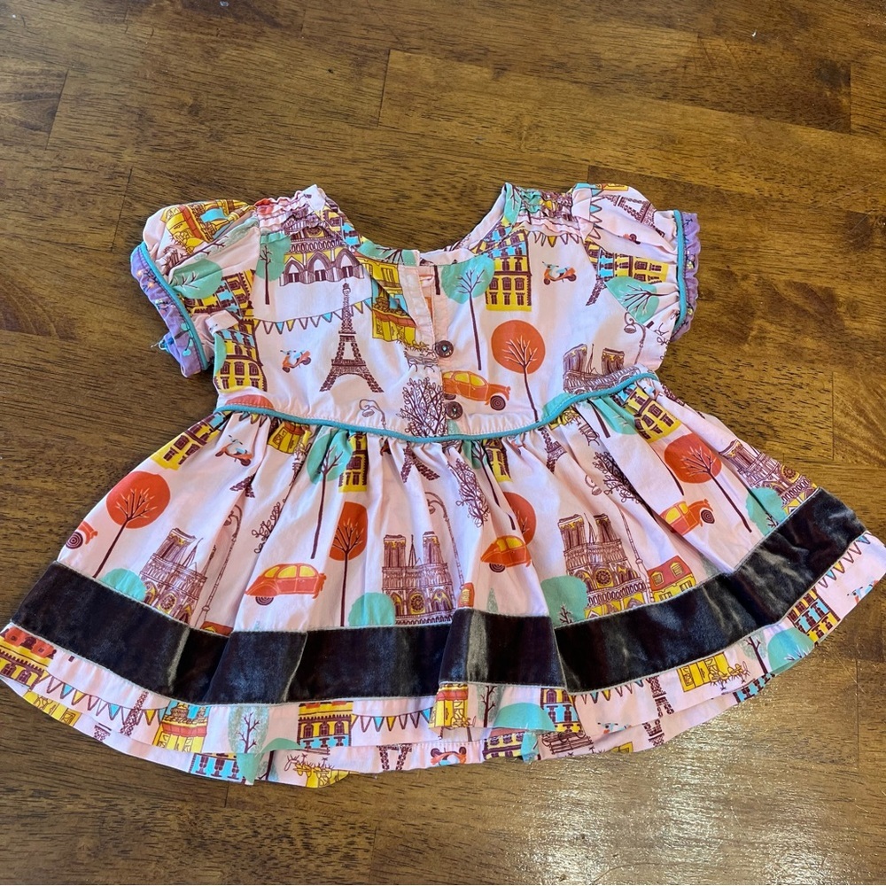 Matilda Jane Pink Paris Print Ruffle Dress with Teal and Orange Accents